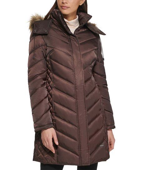 Dark Roast Faux Fur-Trim Hooded Puffer Coat - Women | Zulily