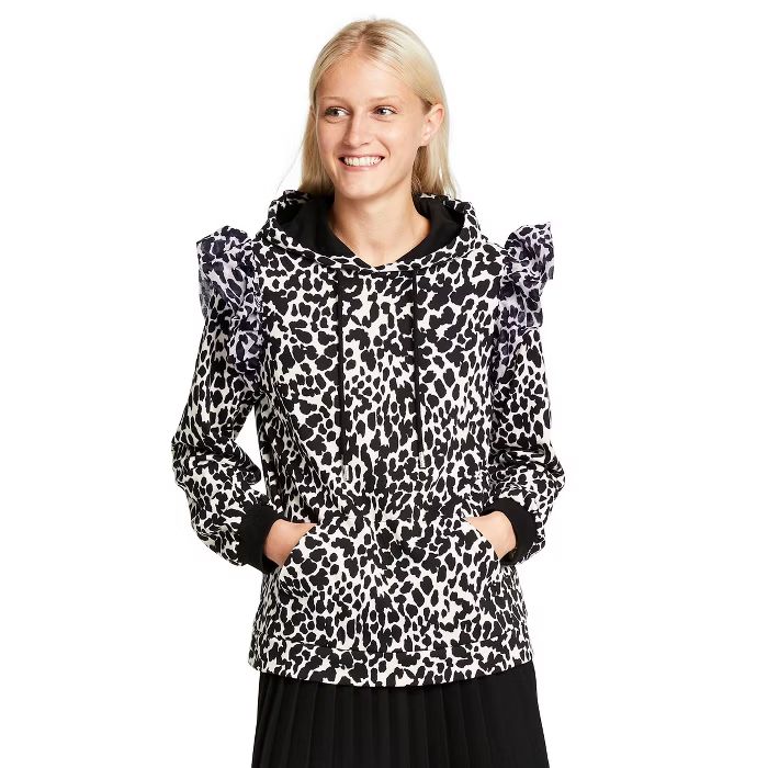 Women's Leopard Print Ruffle Hooded Sweatshirt - Sandy Liang x Target Black | Target