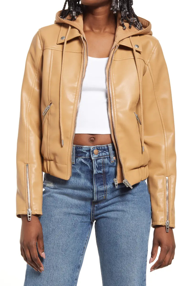 BLANKNYC Faux Leather Bomber Jacket with Removable Hood | Nordstrom | Nordstrom
