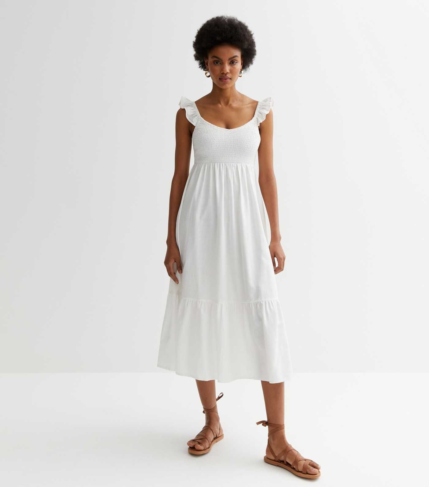White Shirred Frill Midi Dress
						
						Add to Saved Items
						Remove from Saved Items | New Look (UK)