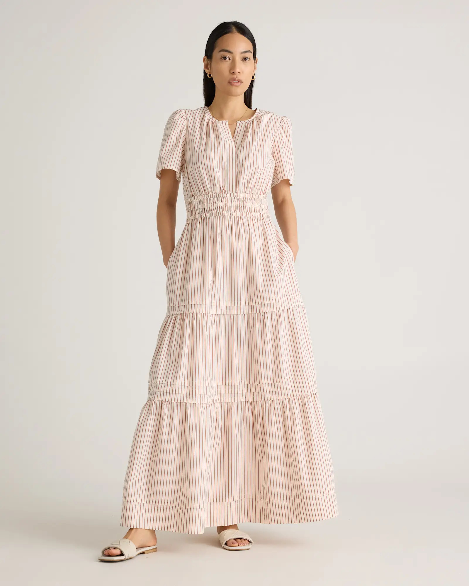 100% Organic Cotton Poplin Tiered Maxi Dress in Terracotta Stripe | Quince