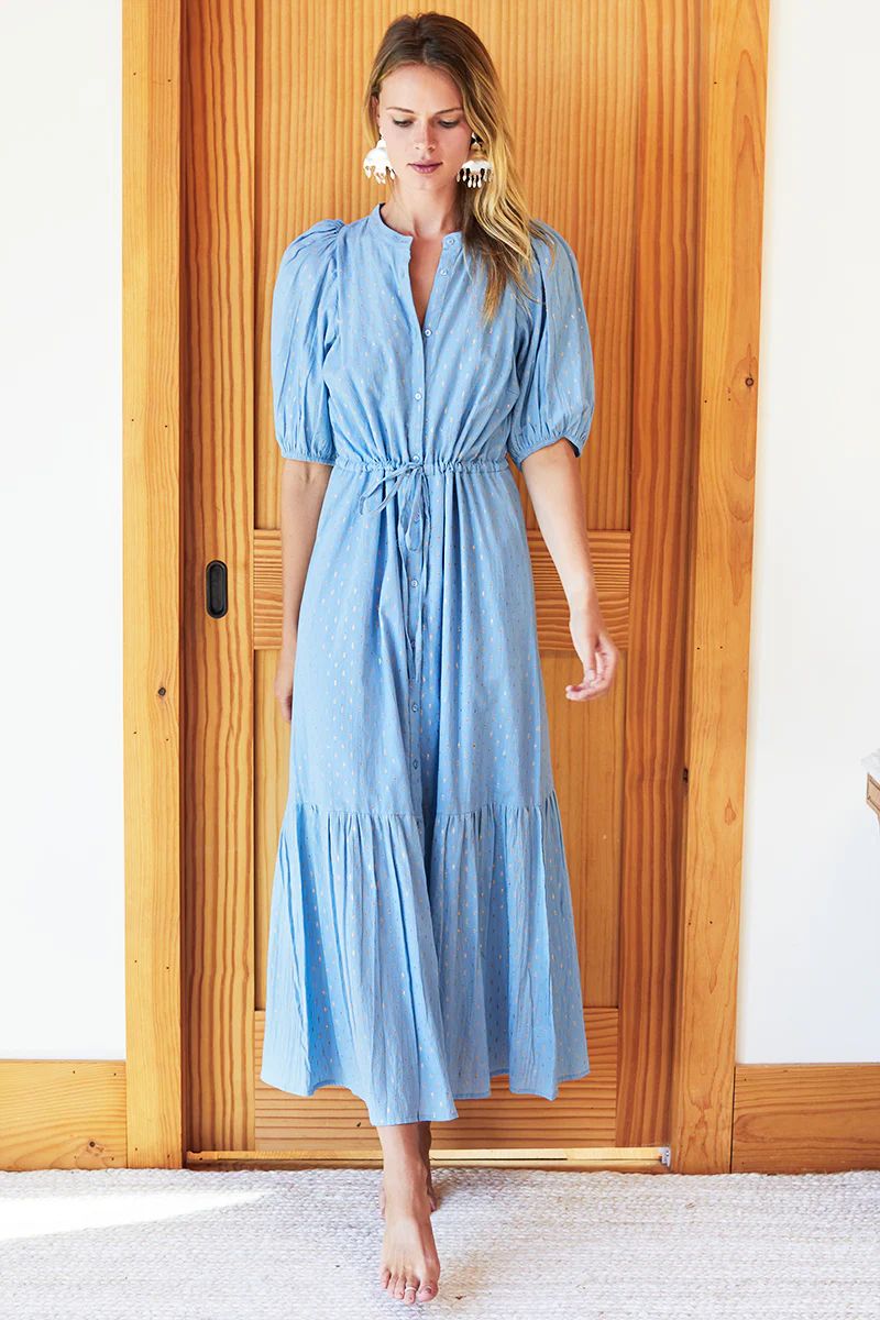 Lucy Dress - Powder Blue Dot Lurex | Emerson Fry