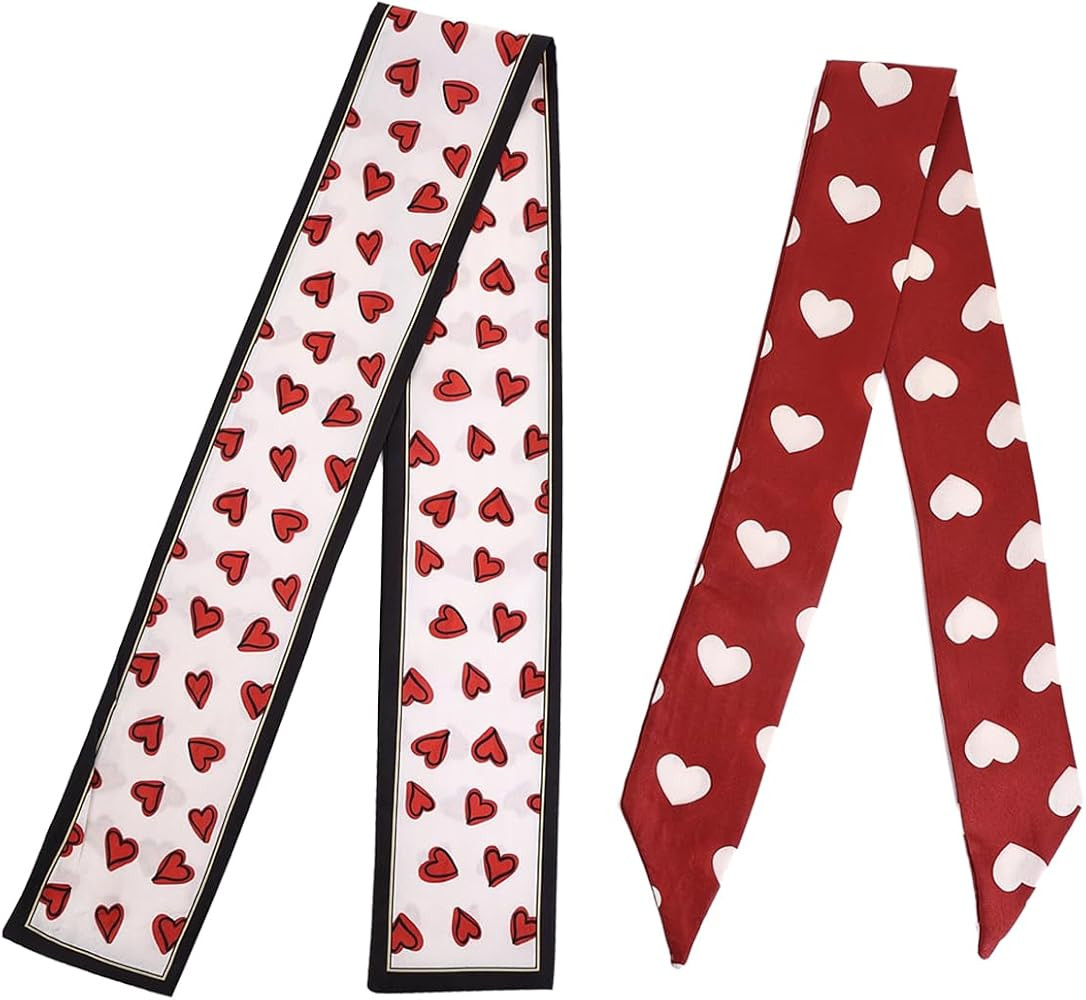 Heart Print Valentine Skinny Scarves, 2 Piece Set, Neck Tie and Hair Band, Red and White | Amazon (US)