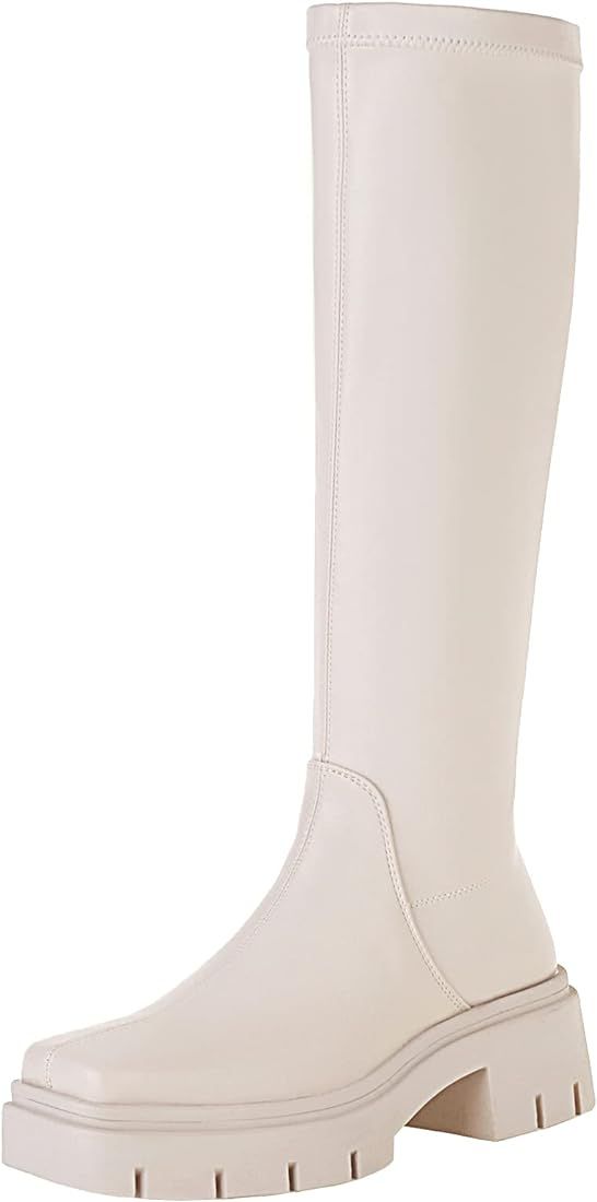 Amazon.com: vivianly Women's Chunky Heel Knee high Boots Zipper Square Toe Platform Booties : Clo... | Amazon (US)