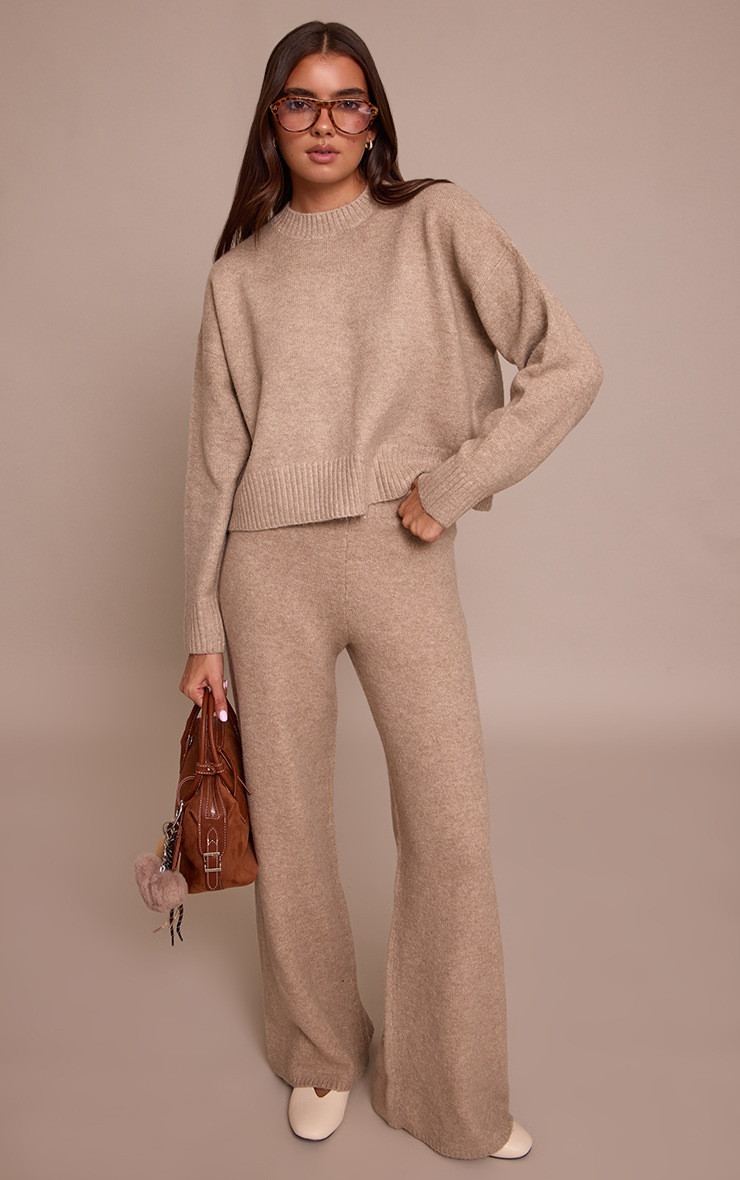 Taupe Marl Knitted Cropped Crew Neck Jumper | PrettyLittleThing UK