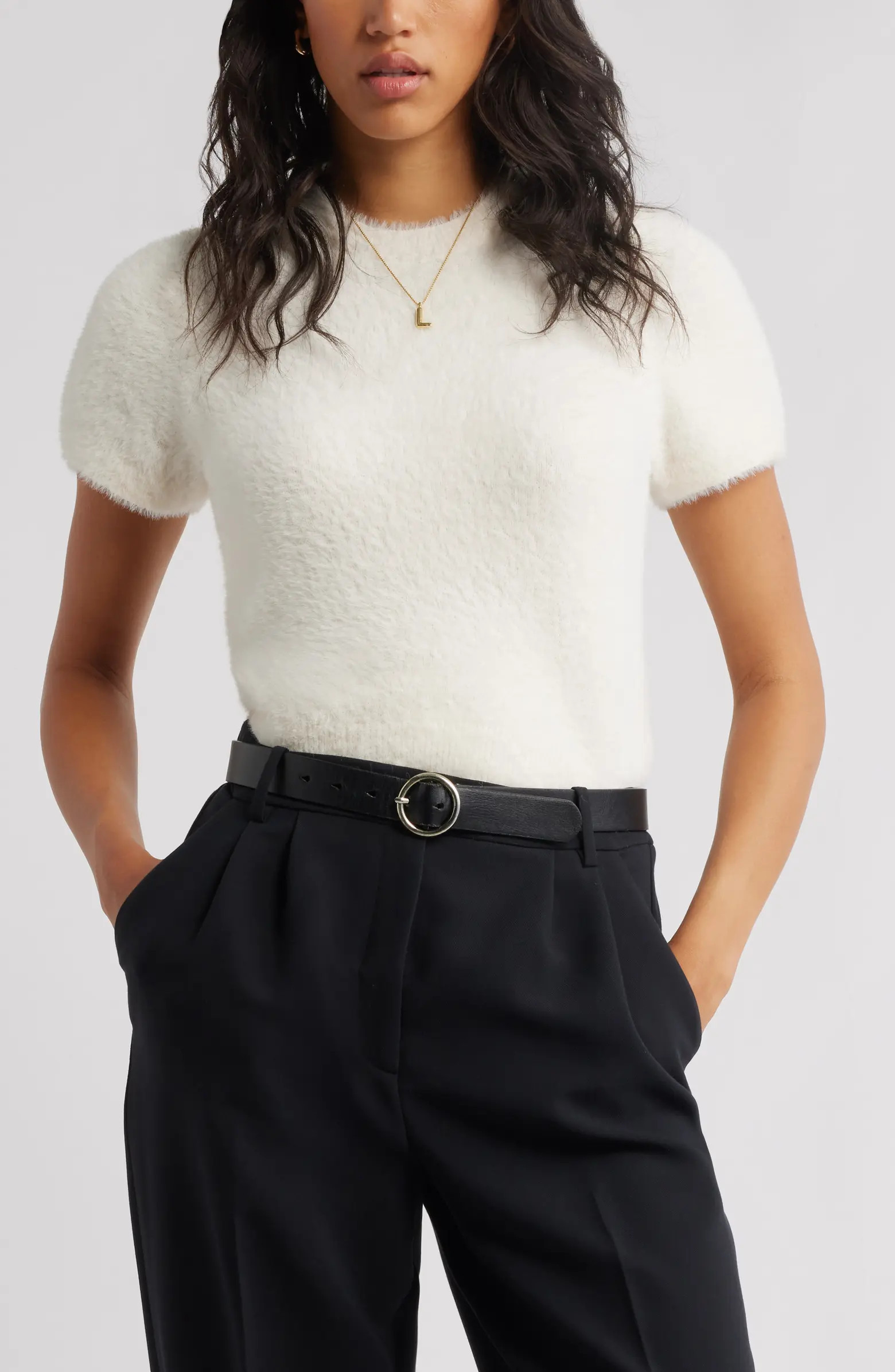 Open Edit Fuzzy Short Sleeve Sweater | Nordstrom | Nordstrom