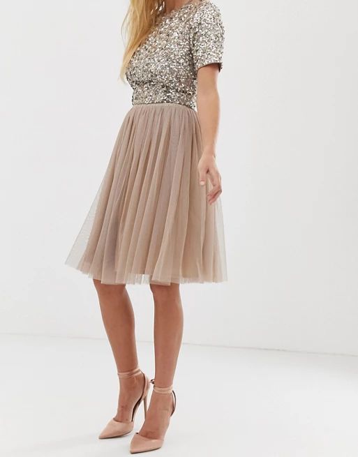 Lace & Beads tulle midi skirt in taupe | ASOS US