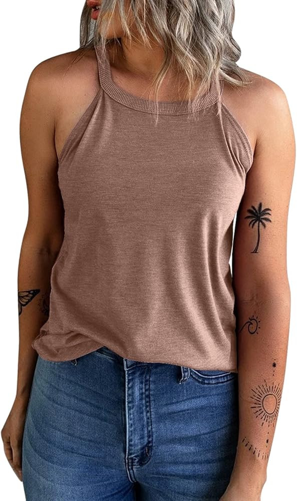 KINLONSAIR Women's Summer Sleeveless Halter Tee Shirts Crew Neck Workout Tank Tops Casual Plain Cami | Amazon (US)