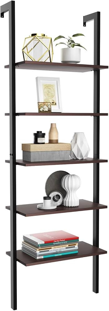 Tangkula Industrial Ladder Shelf Against The Wall, 5-Tier Ladder Bookshelf w/Metal Frame, 72 Inch... | Amazon (US)