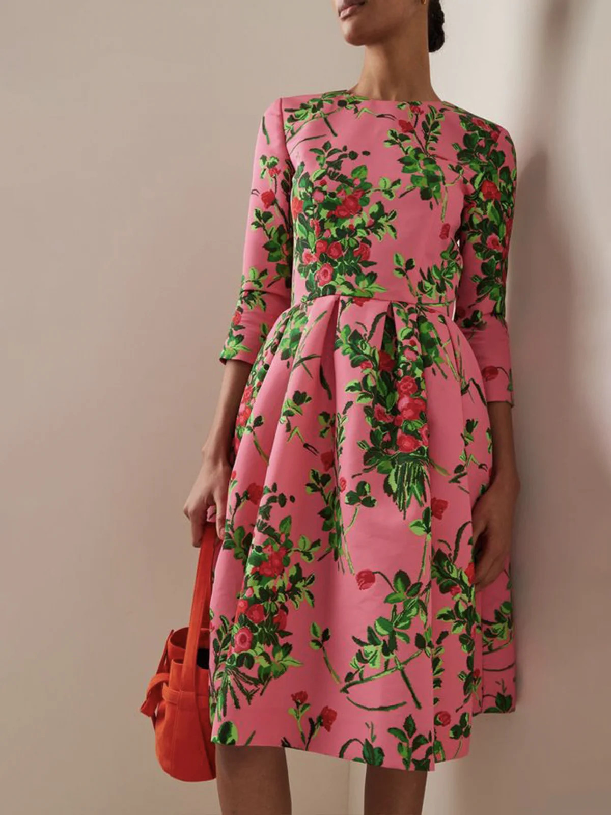Women Floral Spring/Fall Urban Polyester Daily Regular Fit Midi Three Quarter Sleeve Crew Neck Dr... | Stylewe