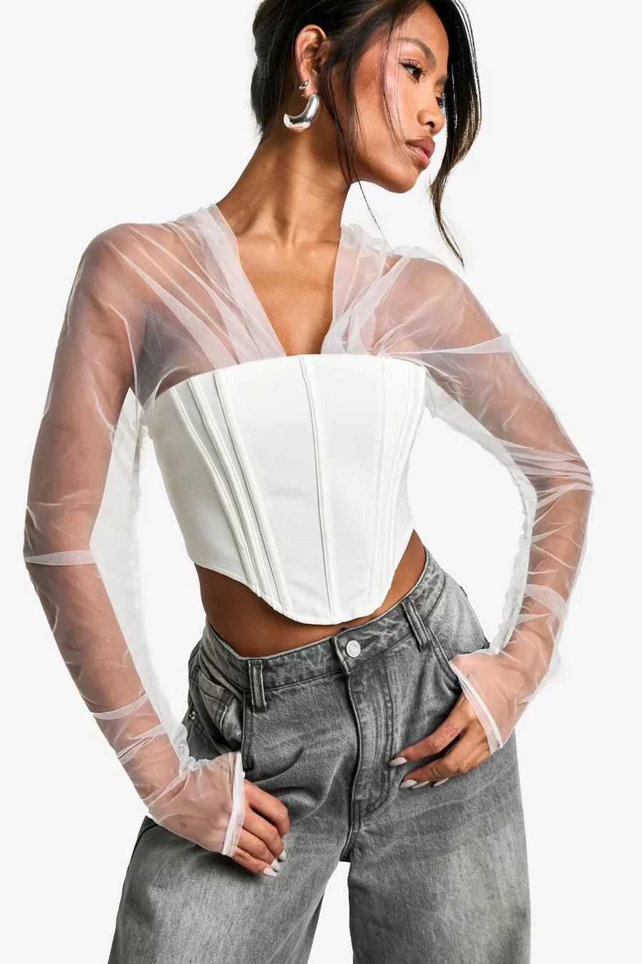 Ruched Mesh Long Sleeve  Corset | boohoo (US & Canada)