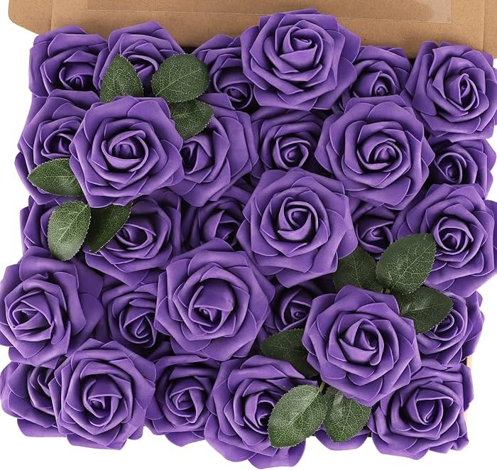 MACTING Purple Artificial Flowers 30PCS Fake Roses with Stem Real Soft Touch Foam Roses DIY Weddi... | Amazon (US)