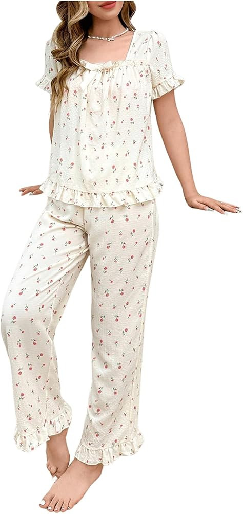 Verdusa Women's 2 Piece Cute Pajama Sets Floral Ruffle Sleeve Bow Square Neck Short Sleeve Top an... | Amazon (US)