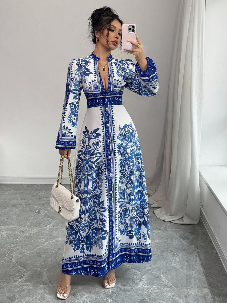 Elenzga Women's Floral Print V-Neck Button Elegant Midi Dress Fall Cloth For Women | SHEIN