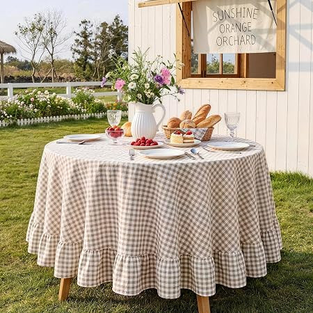 Brown Gingham Ruffled Tablecloth 70 x 70 Inches Round Cotton Linen Checkered Table Cloth Buffalo ... | Amazon (US)