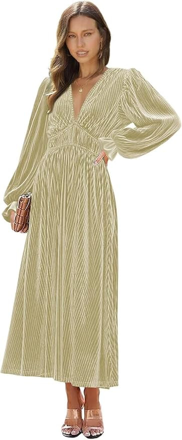 Long Sleeve Velvet Bridesmaid Dress Pleated Long V Neck Empire Waist Formal Evening Maxi Dress fo... | Amazon (US)