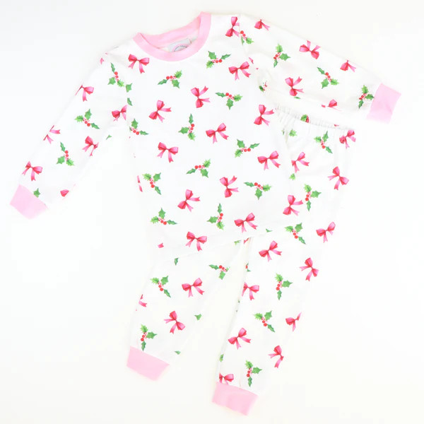 Holly Berries & Pink Bows White Knit Pajama Set | Southern Smocked Co.