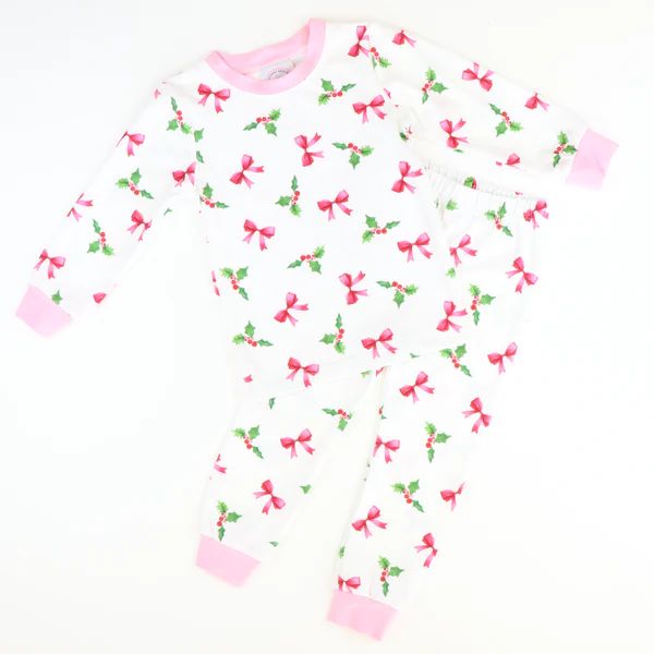 Holly Berries & Pink Bows White Knit Pajama Set | Southern Smocked Co.