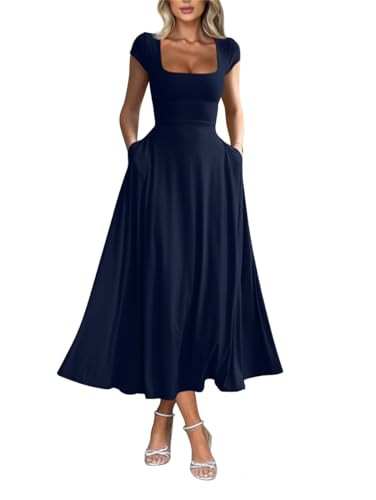 YMDUCH Women's Casual Short Sleeve Square Neck Solid Slim Flowy Maxi Dress with Pockets Navy | Amazon (US)