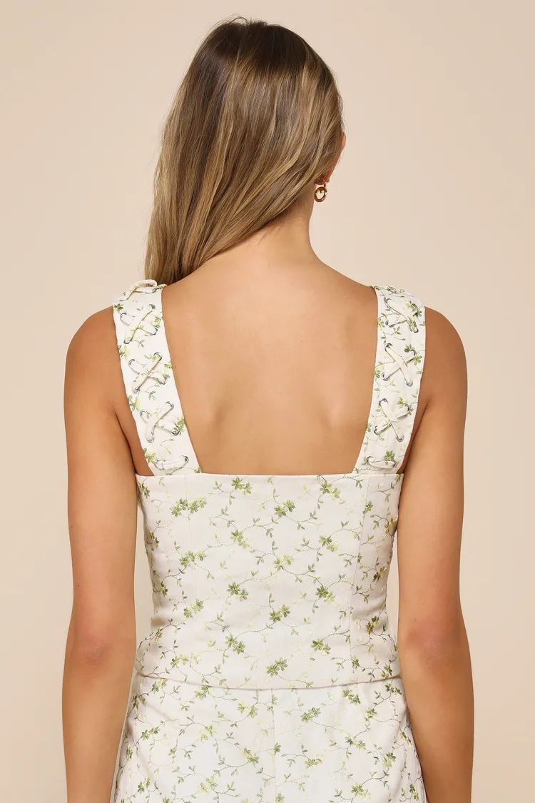 Delightful Flirt Ivory Twill Floral Embroidered Tank Top | Lulus