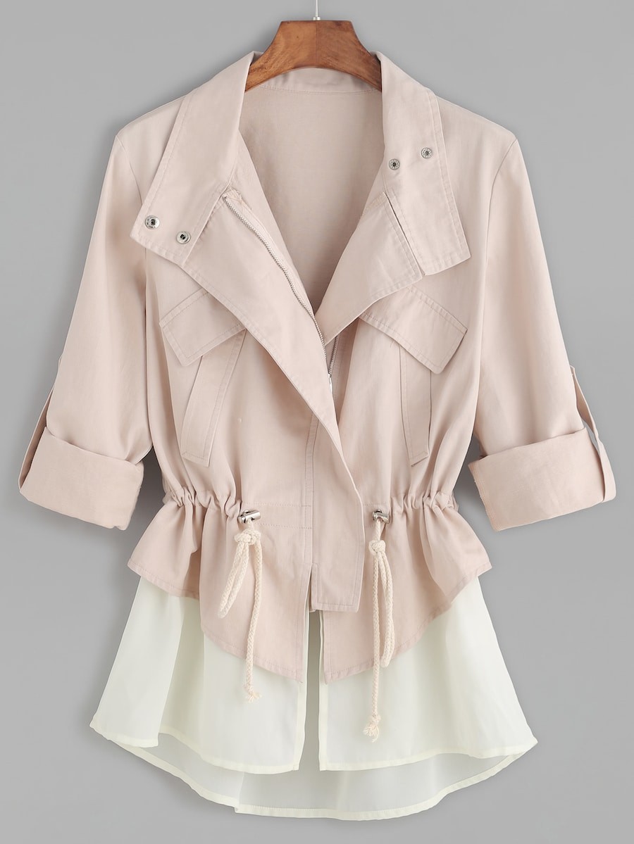 Roll Sleeve Drawstring Jacket With Contrast Trim | SHEIN