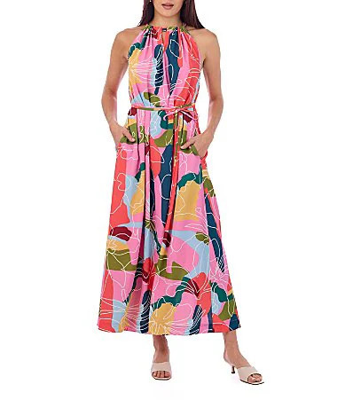 CROSBY by Mollie Burch Julie Floral Whimsy Print Split Neck Sleeveless Maxi Dress - M | Dillard's