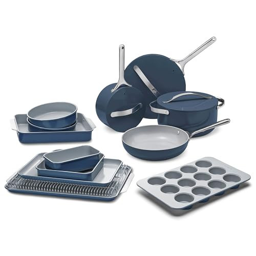 Caraway 23-Piece Nonstick Ceramic Cookware & Bakeware Set – Pots, Frying Pans, Lids, Baking Sheets, Pans, Cooling Rack & Storage – Oven Safe, Non-Toxic – Compatible with All Stovetops - Navy | Amazon (US)