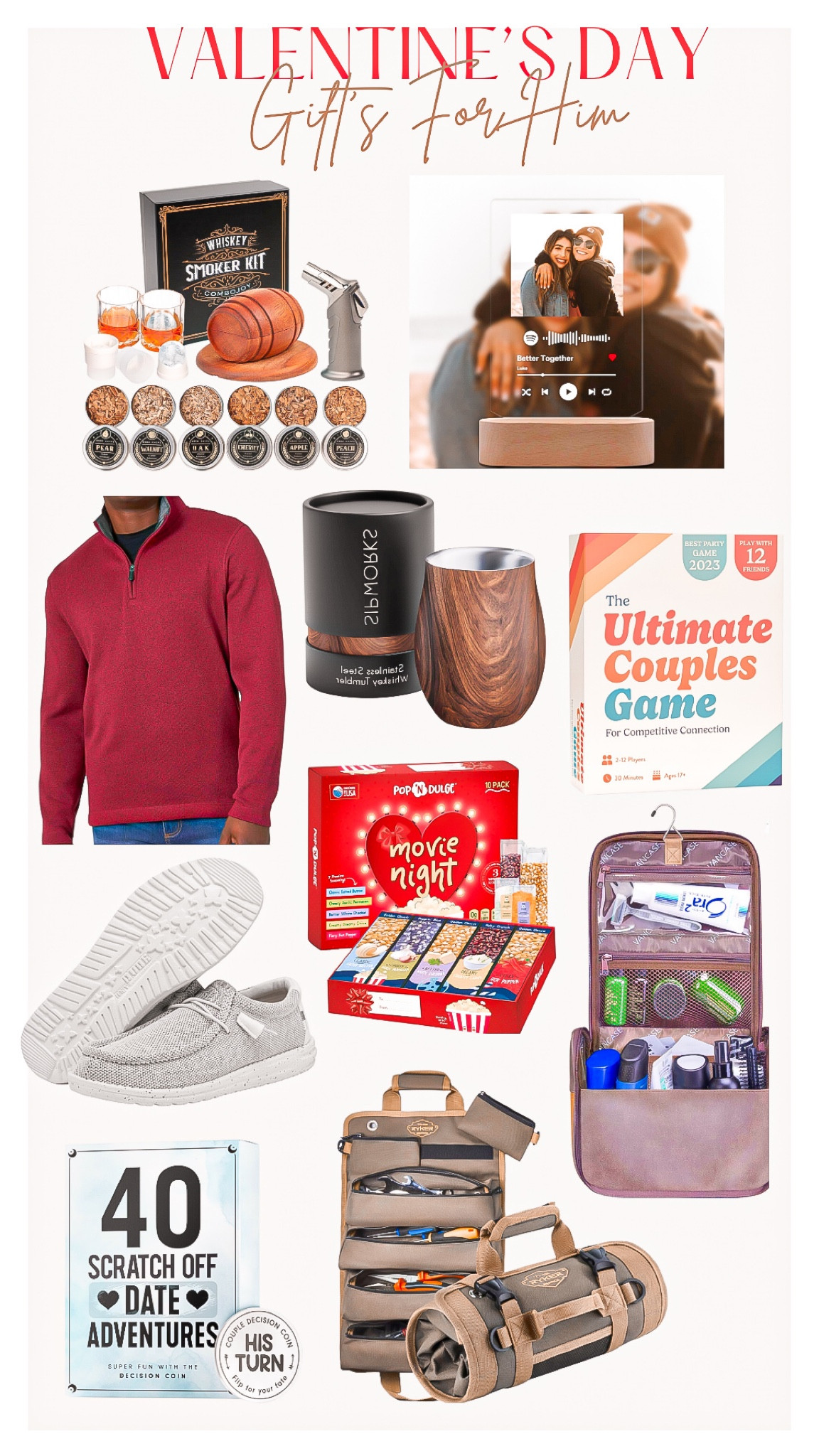 Valentine’s Day ❤️
Gifts for Him 🤎

 Valentine’s Day, gifts for him, men’s gifts, whiskey maker, personalized gifts, song lyrics gifts , men’s sweaters, red sweater, whiskey tumblers, couples games, board games, men’s shoes, hey dude shoes, popcorn, toiletry bag, tool bag, tool kit, tool storage, scratch off dates, Amazon finds  

#LTKGiftGuide #LTKMostLoved #LTKmens