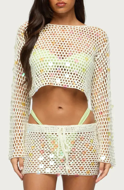 EDIKTED Kirah Open Stitch Paillette Cover-Up Crop Top in Cream at Nordstrom, Size Medium | Nordstrom
