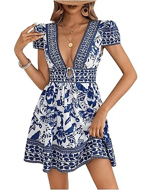 WDIRARA Women's Boho Floral Ruffle Hem Short Dress Puff Sleeve Deep V Neck Tie Front Dresses | Amazon (US)