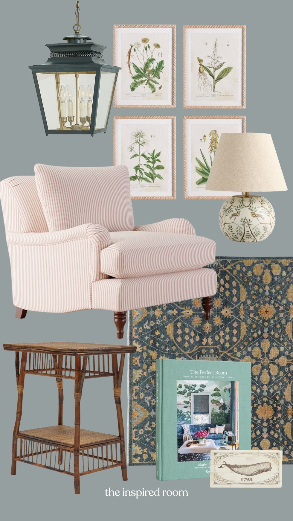Cozy cottage living room mood board - red ticking stripe chair, lantern ceiling light, botanical art, patterned rug, bamboo table, botanical lamp, book and whale box

#LTKSeasonal #LTKSaleAlert #LTKHome