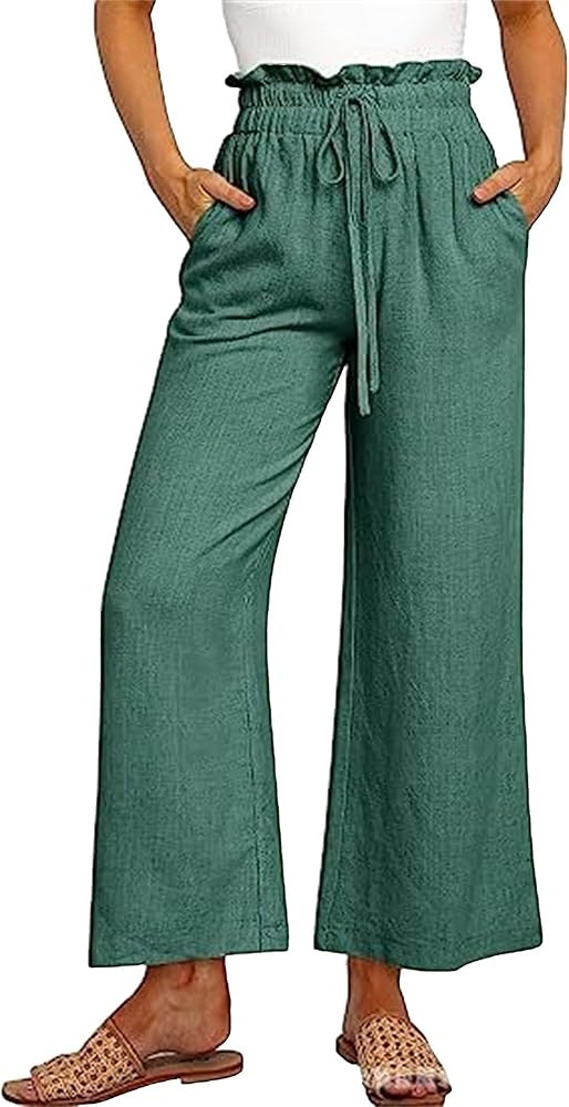 Palazzo Linen Pants for Women 2025 Summer Boho Wide Leg Cropped Outfits High Waist Drawstring Cas... | Amazon (US)