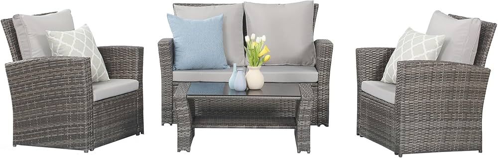 Wisteria Lane 4 Piece Outdoor Patio Furniture Sets, Wicker Conversation Set for Porch Deck, Gray ... | Amazon (US)