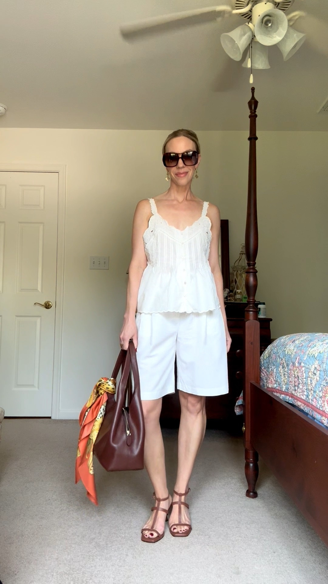 Summer outfit over 40, eyelet top, bermuda shorts (under $30!), silk scarf tied on handbag

#LTKOver40 #LTKSeasonal #LTKSaleAlert
