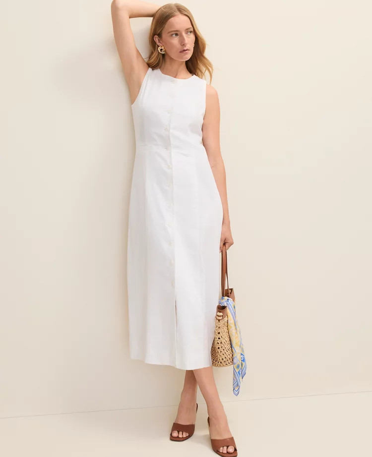 Button Midi Dress in Linen Blend | Ann Taylor