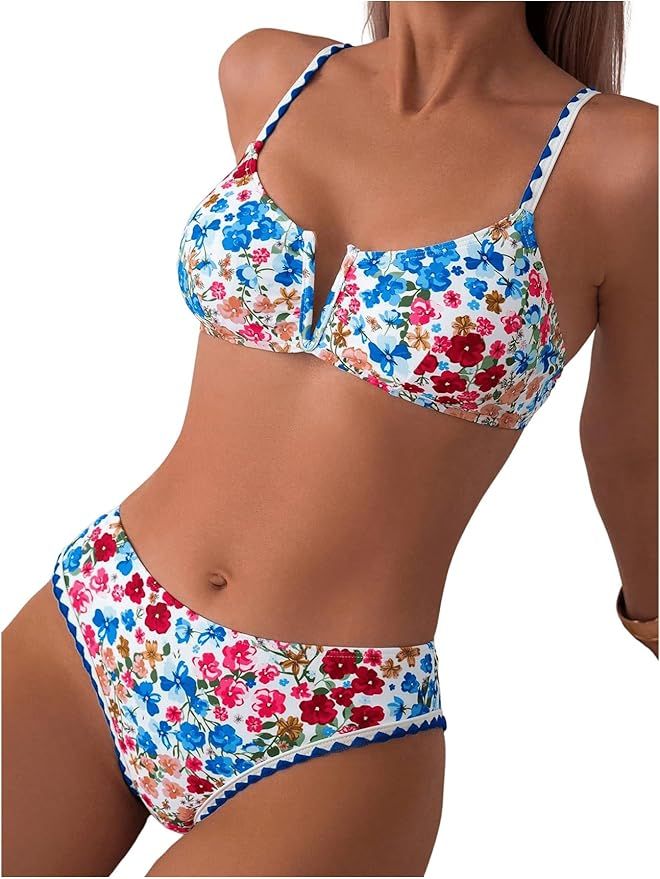 MakeMeChic Women's 2 Piece Bikini Set Floral Wired Backless Summer Swimsuits Bathing Suit | Amazon (US)