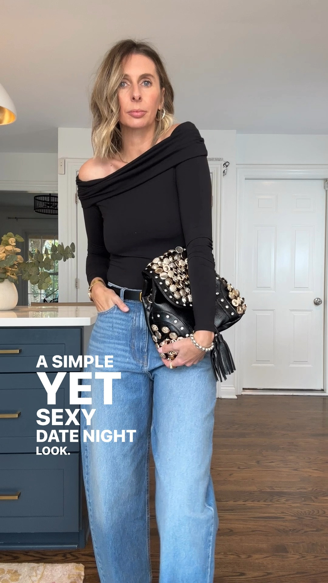 off the shoulder top. jeans. cool bag. done!  🖤

perfect look for date night…girls night…moms night! 

wearing the small top. size 4 jeans. 
#effortlessstyle #styleover40 #datenightoutfit 

effortless style + daily outfit inspo for over 40s.
easy date night outfit, ltk outfits, style inspo, style over 40. 

#LTKParties #LTKFindsUnder50 #LTKOver40