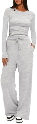 Darong Women's 2 Piece Outfits Lounge Sets 2025 Long Sleeve Crop Tops Wide Leg Pants Casual Match... | Amazon (US)