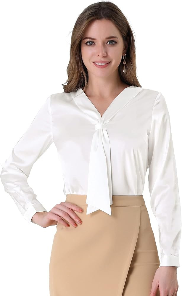 Allegra K Women's Satin Tie Neck Long Sleeve Solid Color Elegant Office Work Shirt Top | Amazon (US)
