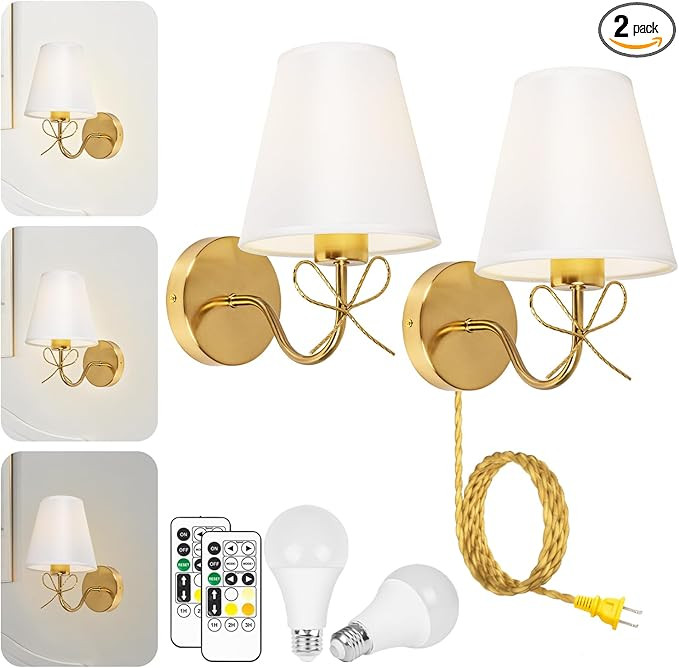 Antique Brass Bow Wall Sconces, Gold Wall Light Set of 2 with Plug-in Cord or Hardwired 110V, Rem... | Amazon (US)