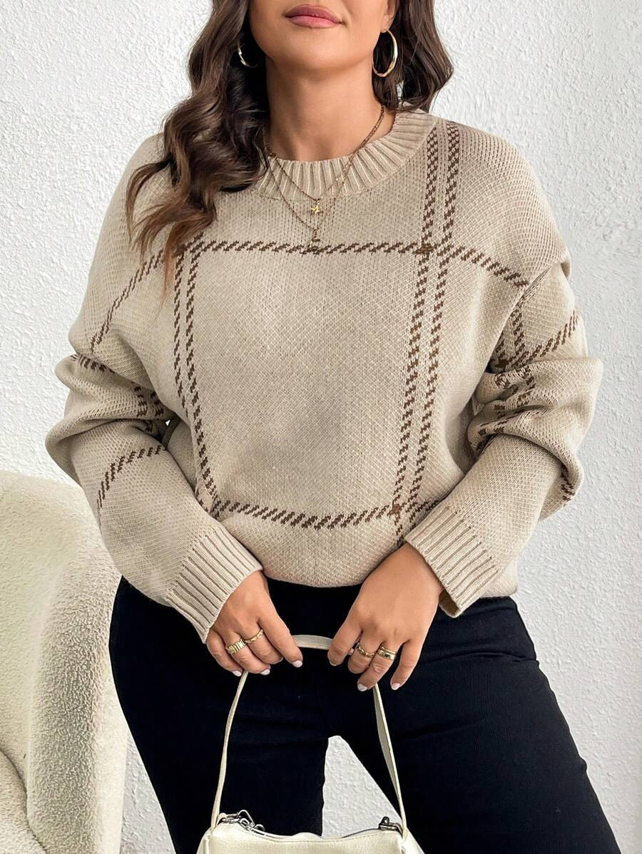 Elenzga Plus Size Classic Round Neck Long Sleeve Plaid Knitted Sweater, Casual Daily Wear, Winter... | SHEIN