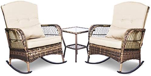 ENSTVER 3 Pieces Patio Conversation Set w/ 2 Rattan Wicker Rocking Chairs and Glass Table,for Gar... | Amazon (US)