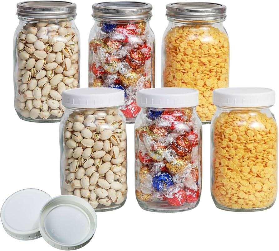 6 Pack 32 oz Glass Mason Jars, Wide Mouth Mason Jars with Lids and Bands and 6 White Plastic Maso... | Amazon (US)