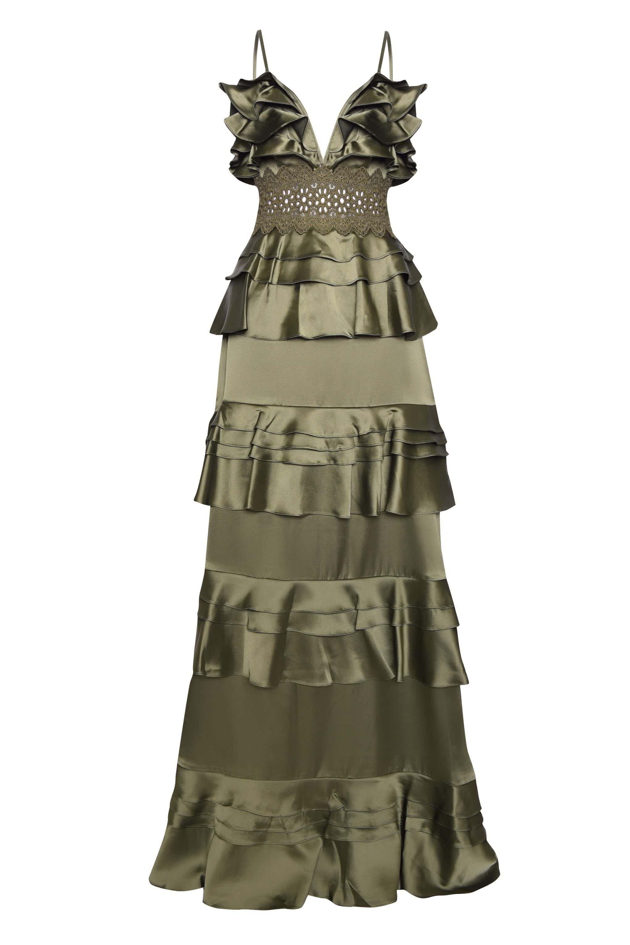 Olive Green Satin Tiered Ruffle Maxi Dress | Wolf and Badger (Global excl. US)