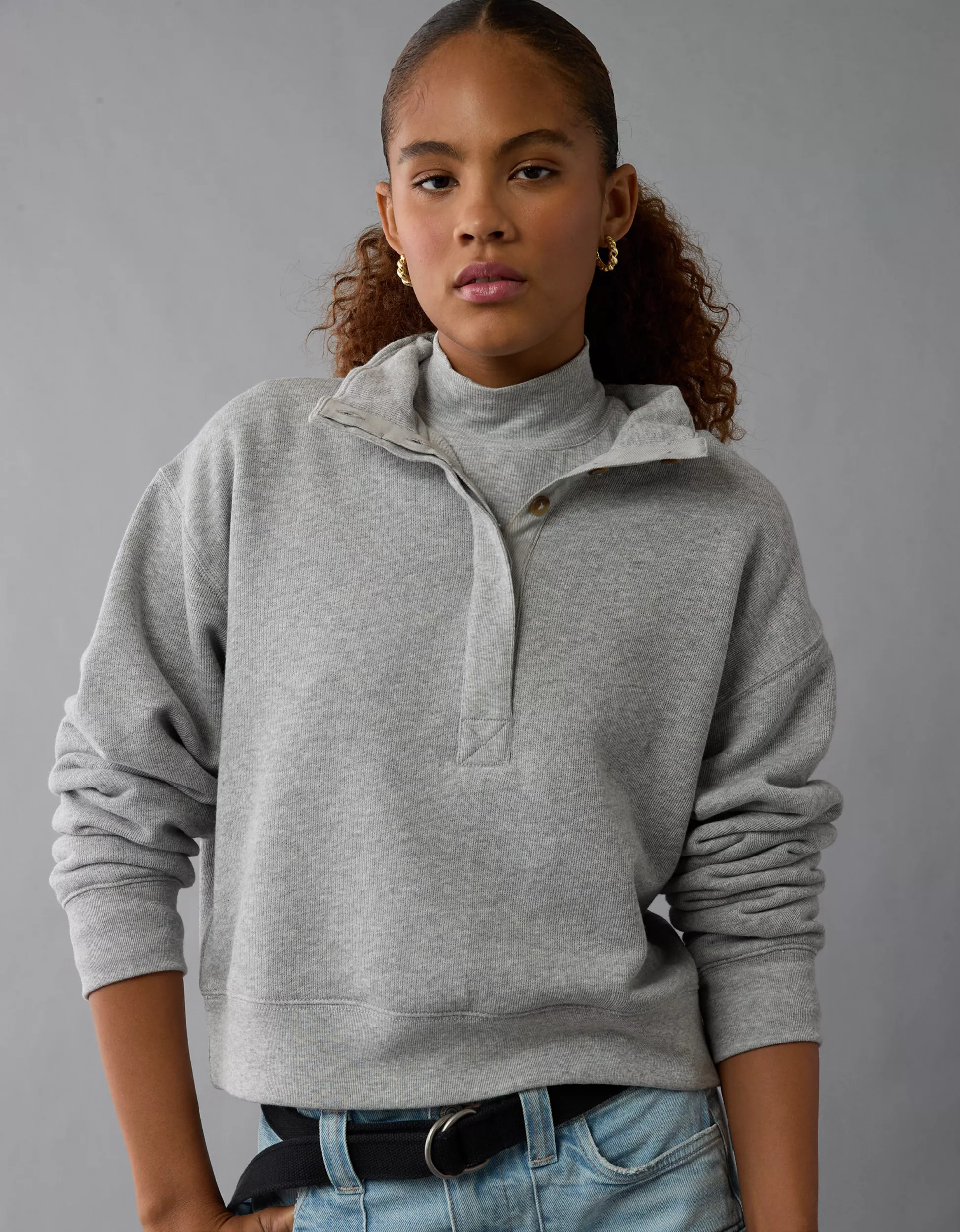AE Cropped Henley Fleece Sweatshirt | American Eagle Outfitters (US & CA)
