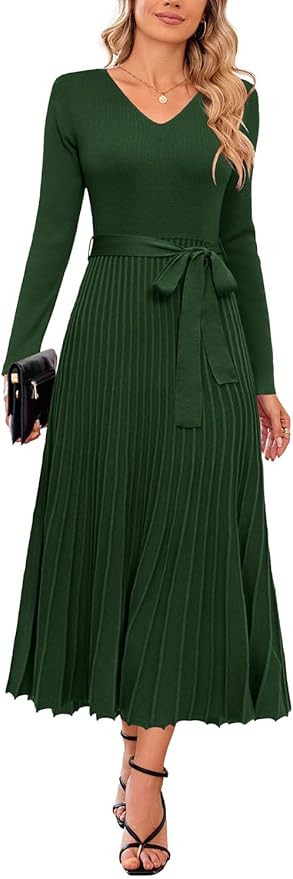 Arach&Cloz 2024 Fall Wool Blended Womens Long Sleeve V Neck Tie Waist Pleated A Line Ribbed Knit ... | Amazon (US)