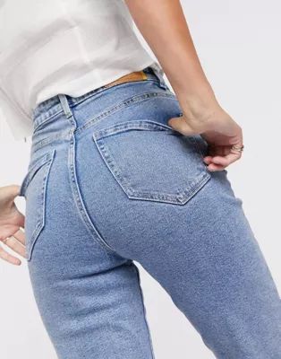 Stradivarius mom jean with stretch in washed blue | ASOS (Global)