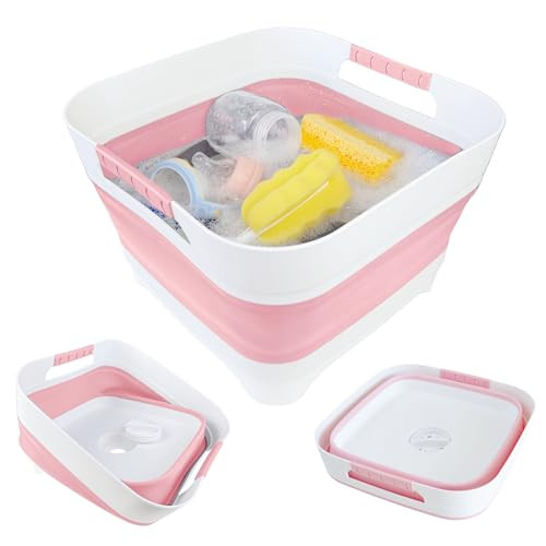 GIMWA 2.6 Gal(10L) Collapsible Wash Basin for Baby Bottles,Pink Space-Saving Collapsible Dish Basin with Drain Plug for bottle washing, Collapsible Bucket for RV Kitchen Essentials | Amazon (US)