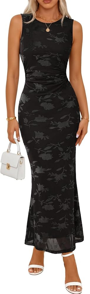 MEROKEETY Women's Summer Wedding Guest Maxi Dress 2026 Sleeveless Floral Bodycon Mesh Cocktail Fo... | Amazon (US)