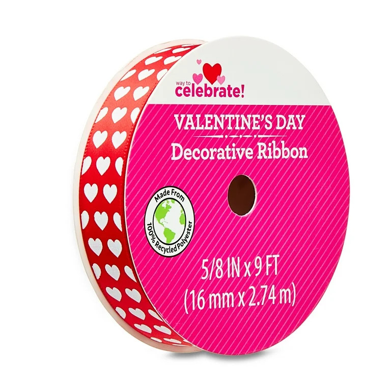 Valentine's Day Red & White Heart Decorative Ribbon, 5/8 in x 9 ft, by Way To Celebrate | Walmart (US)
